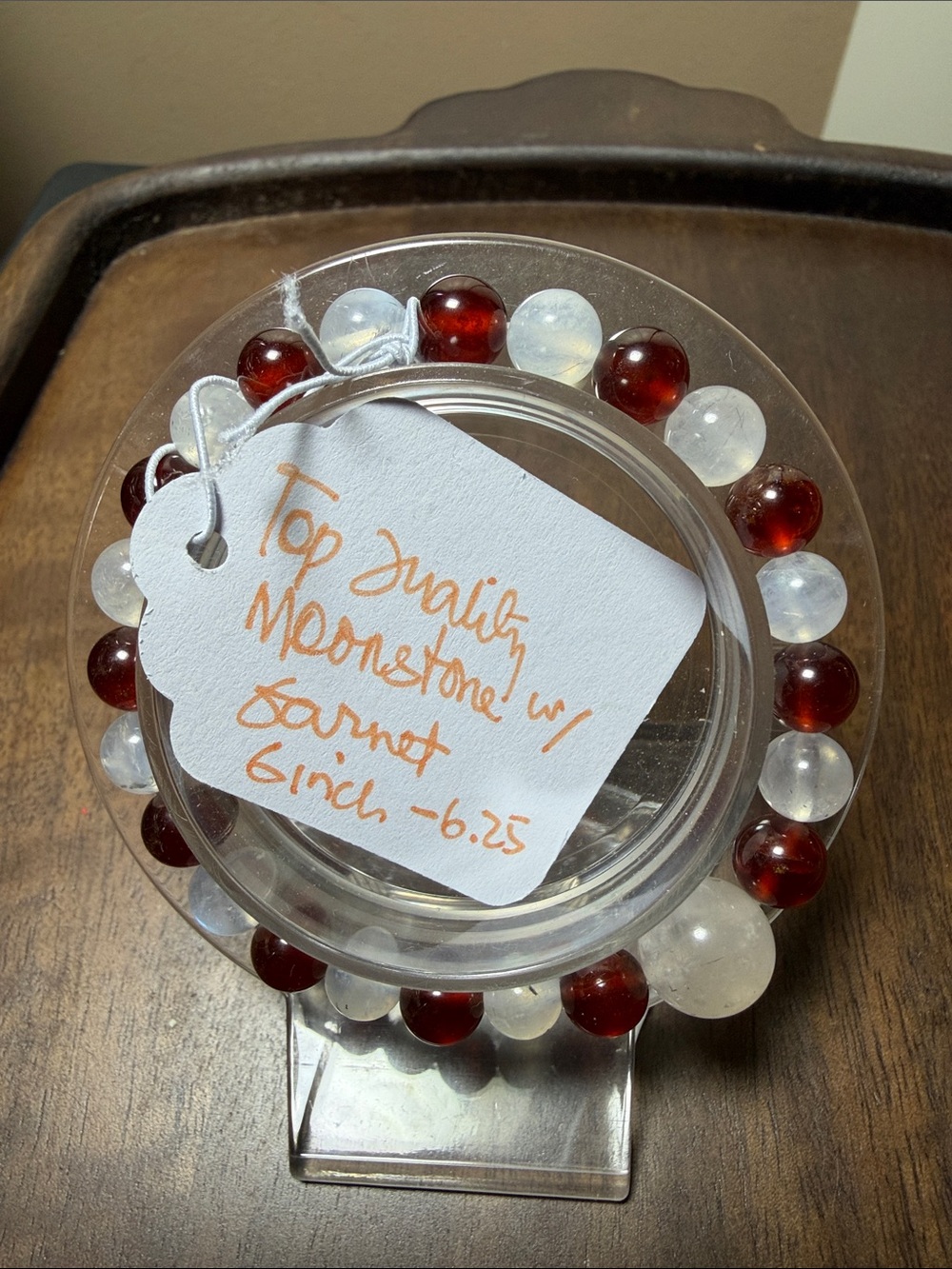 Moonstone and Garnet Bead Stretch Bracelet - White & Deep Red